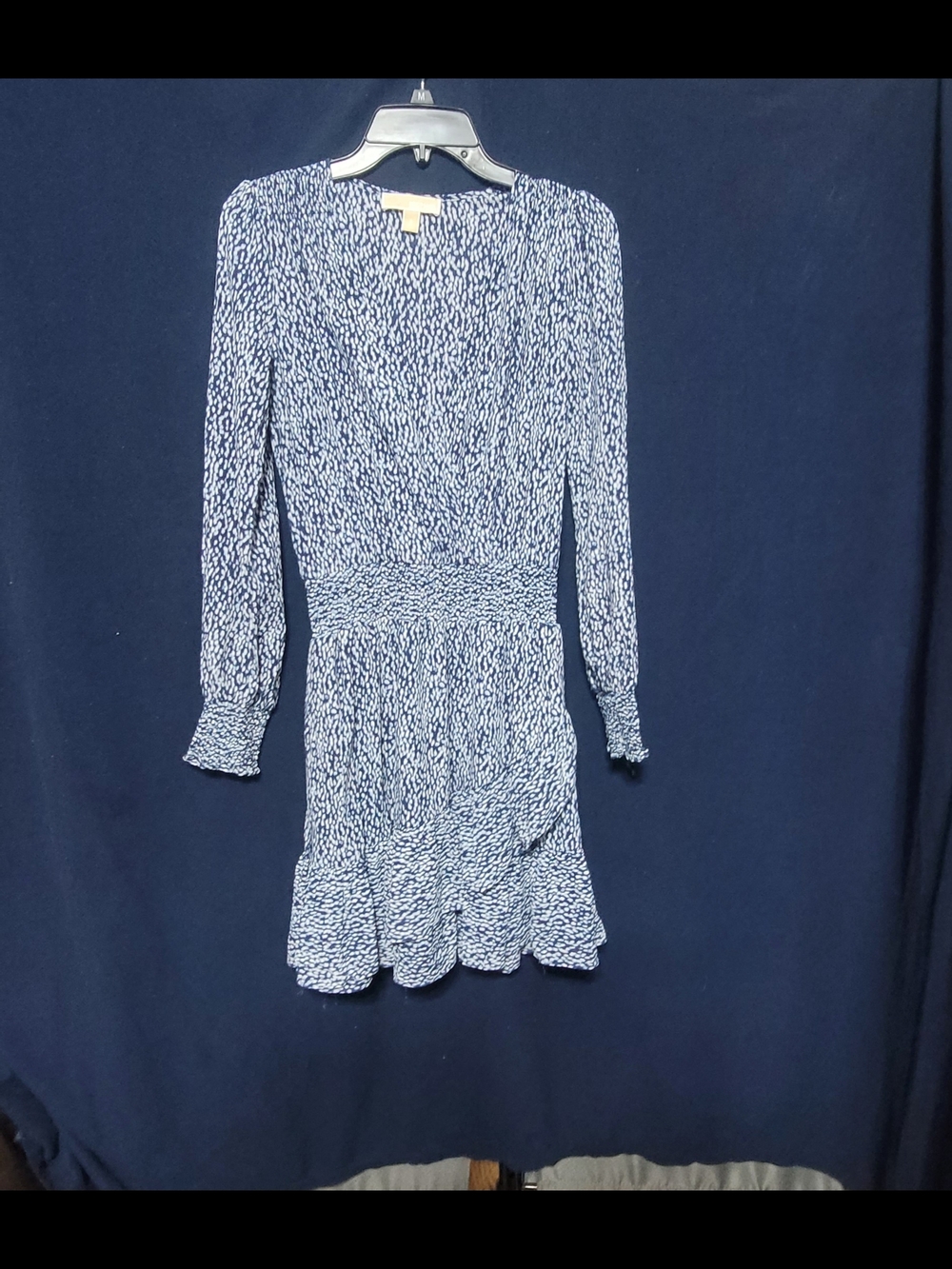 Michael Kors Navy & White Printed Long-Sleeve Midi Dress